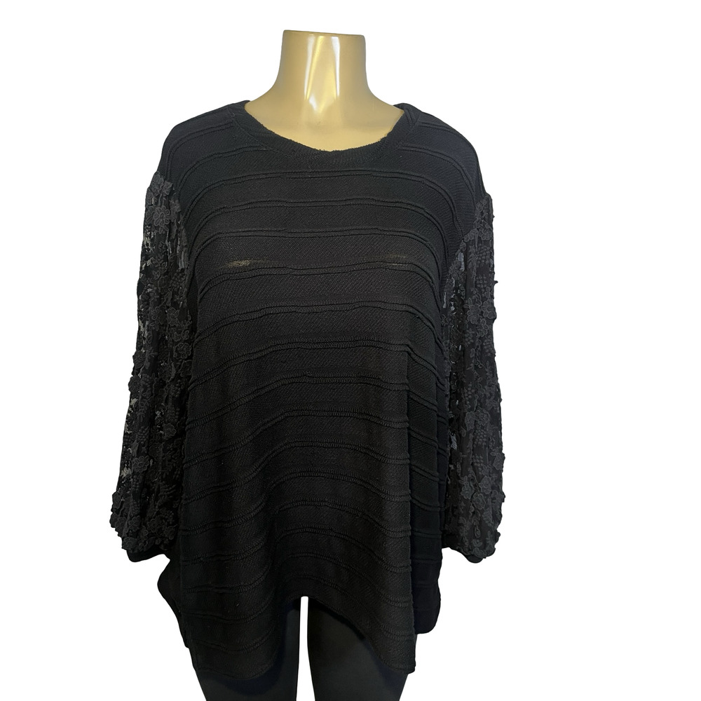 Anthropologie Eri + Ali Sweater Womens XL Black‎ Lace Balloon Sleeve Knit - Picture 2 of 13